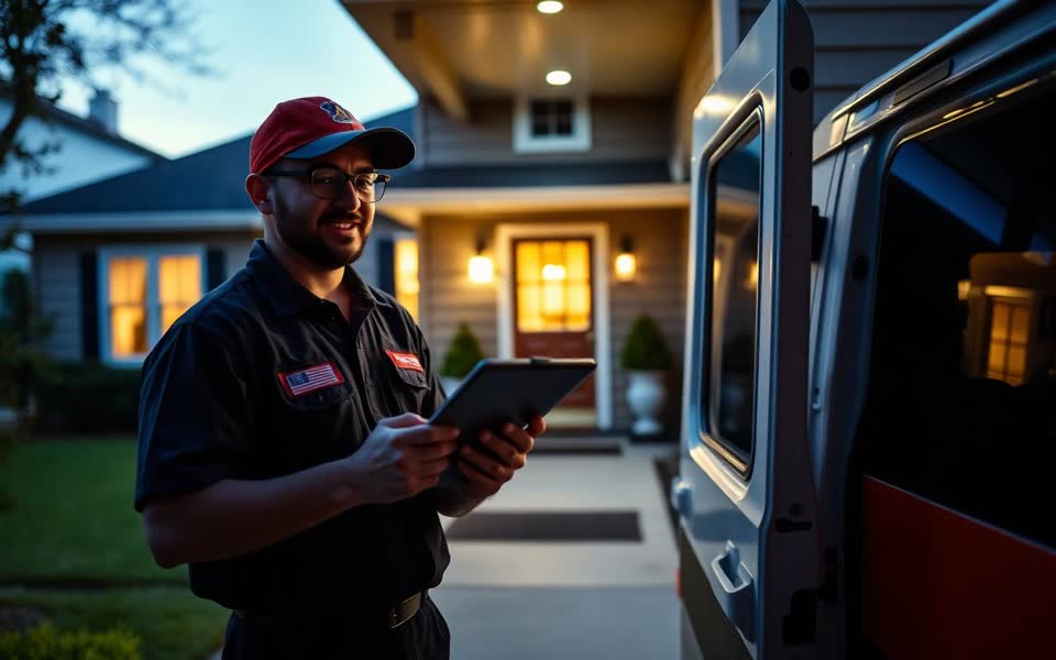 Home Services business in action — a service technician arriving at a customer's home with a tablet