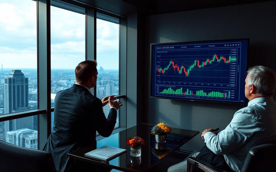 Financial Services advisors meeting with clients in a modern office
