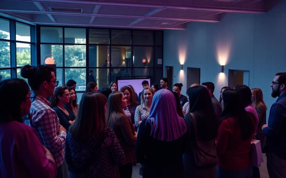 Education business in action — a community group gathering in a modern hall