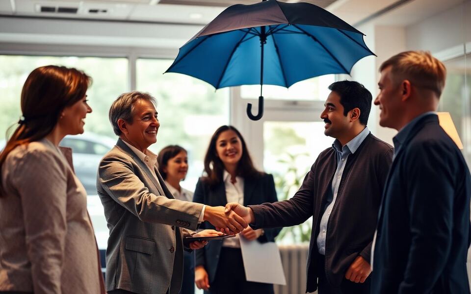 Insurance advisors meeting with clients in a modern office