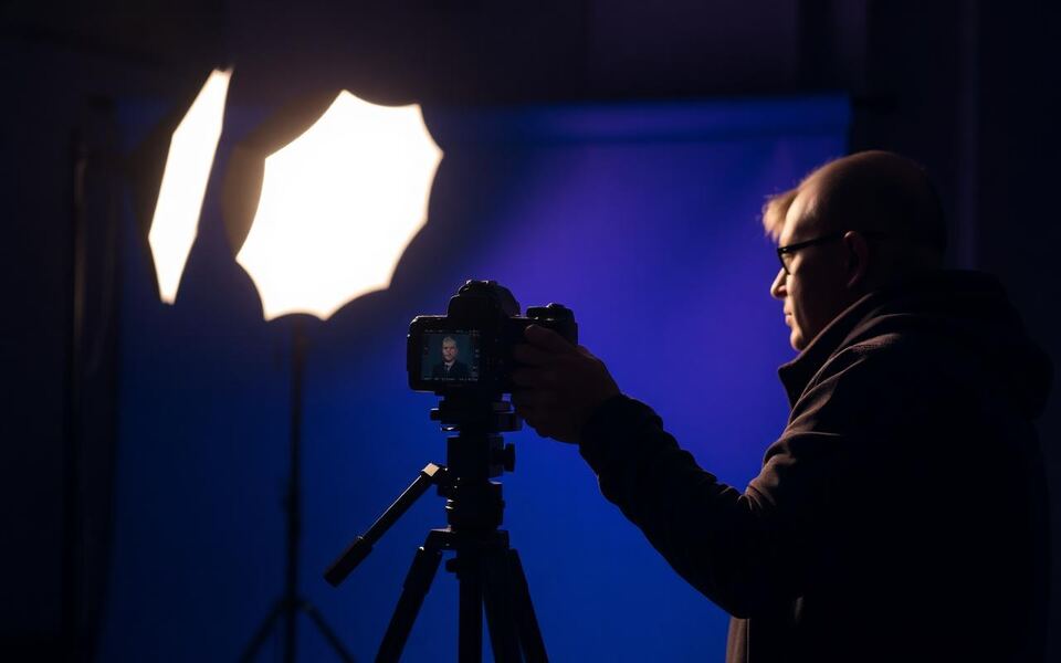 A photography professional directing a shoot on location with studio lighting