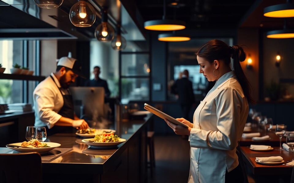 Chefs and servers working the pass during a busy service at a restaurants venue