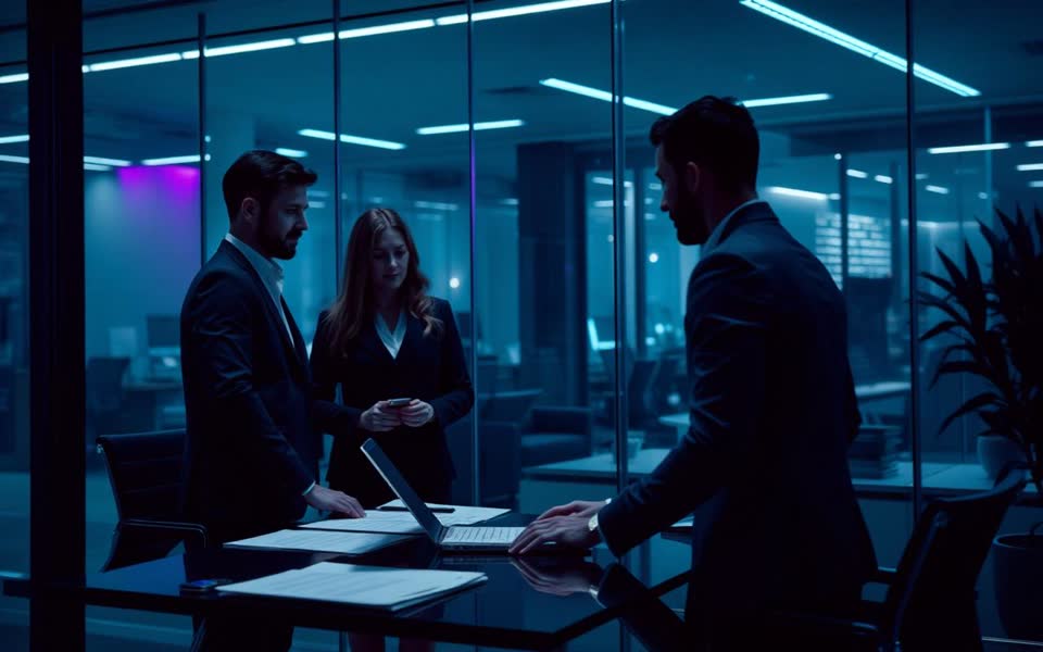 Real Estate business in action — advisors meeting a client in a glass-walled office
