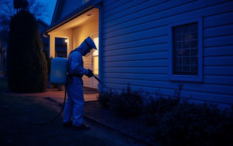 A pest control technician on a customer call-out completing a service job