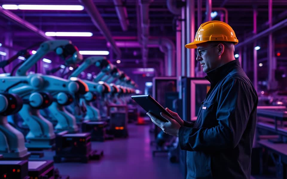 Manufacturing business in action — an engineer monitoring an automated production line
