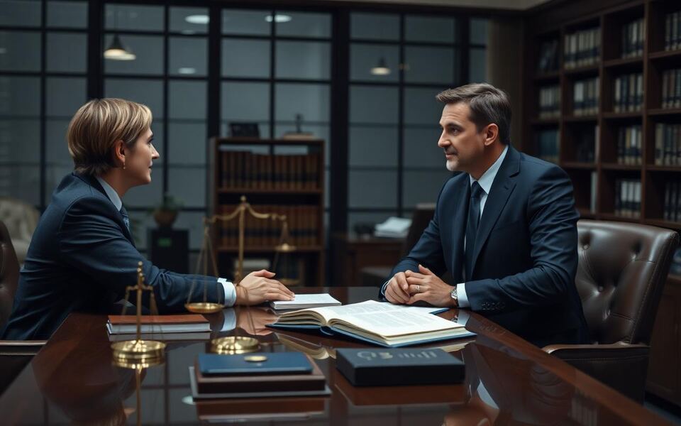 Legal advisors meeting with clients in a modern office