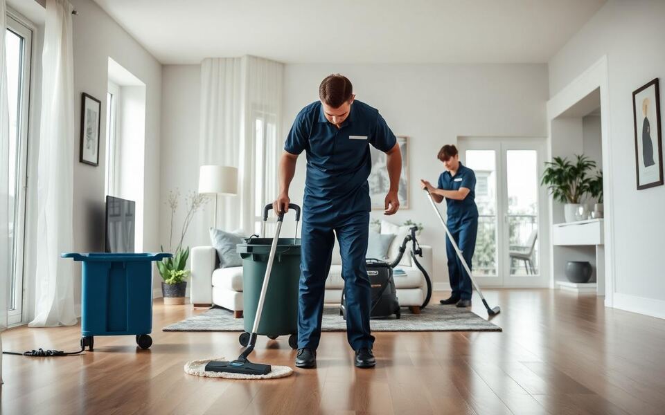 A cleaning services technician on a customer call-out completing a service job