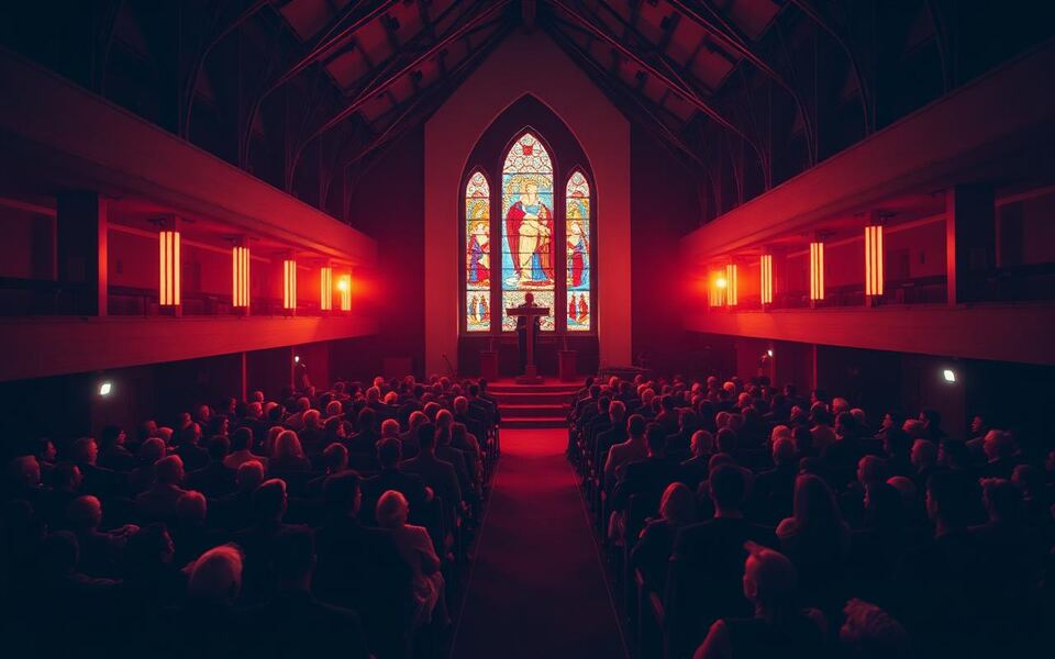 A congregation gathered for a service inside one of many welcoming churches