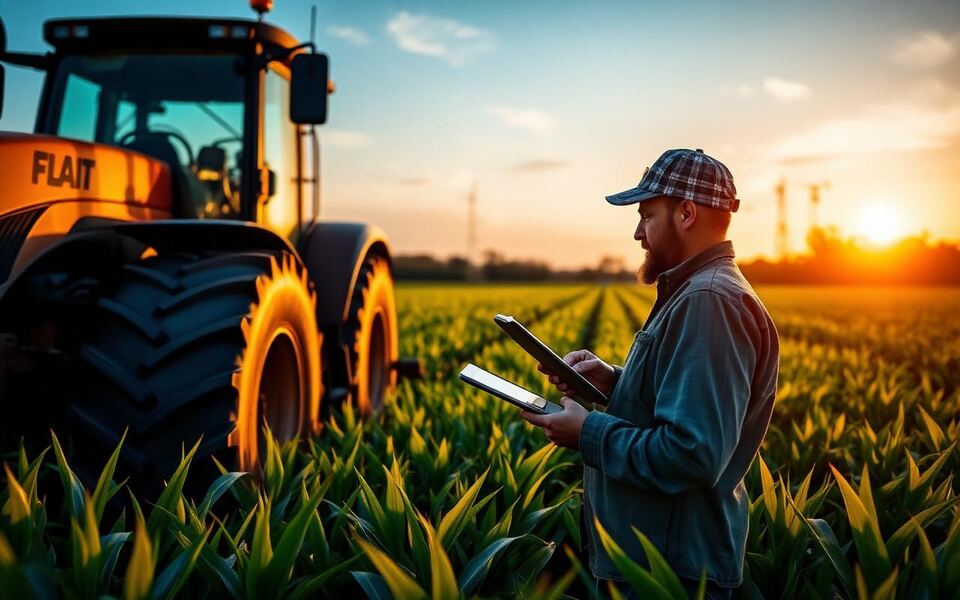 A farmer working agriculture fields with machinery during harvest