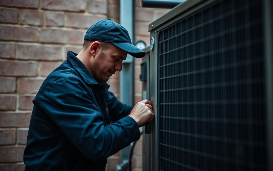 A hvac technician on a customer call-out completing a service job