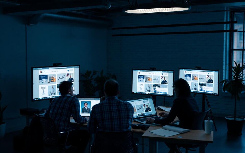 A marketing agencies team collaborating over dashboards in a modern workspace