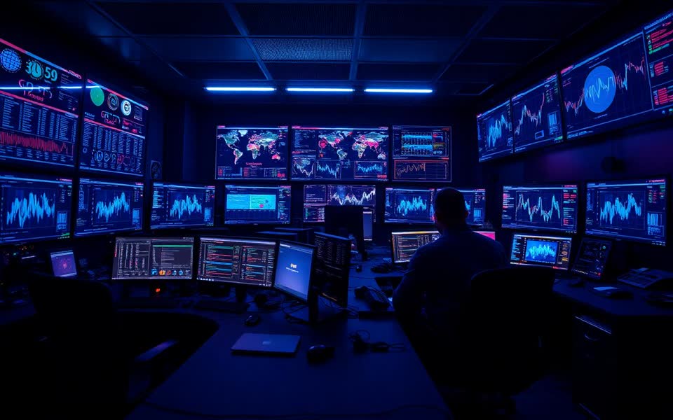 Cybersecurity business in action — engineers monitoring live dashboards in an operations room