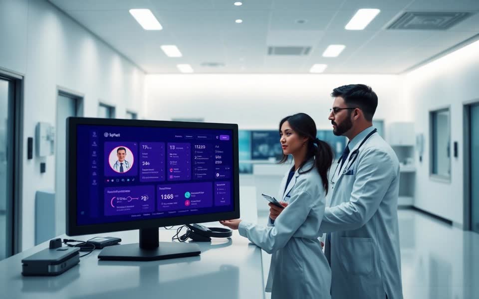 Healthcare business in action — clinicians reviewing a patient dashboard in a modern clinic