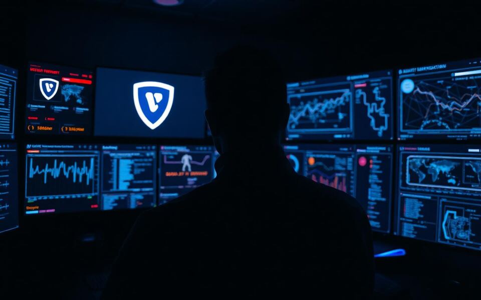 A cybersecurity analyst monitoring threat dashboards in a security centre