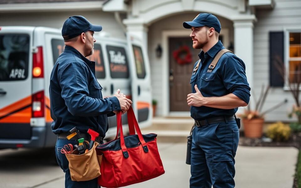 A home services technician on a customer call-out completing a service job