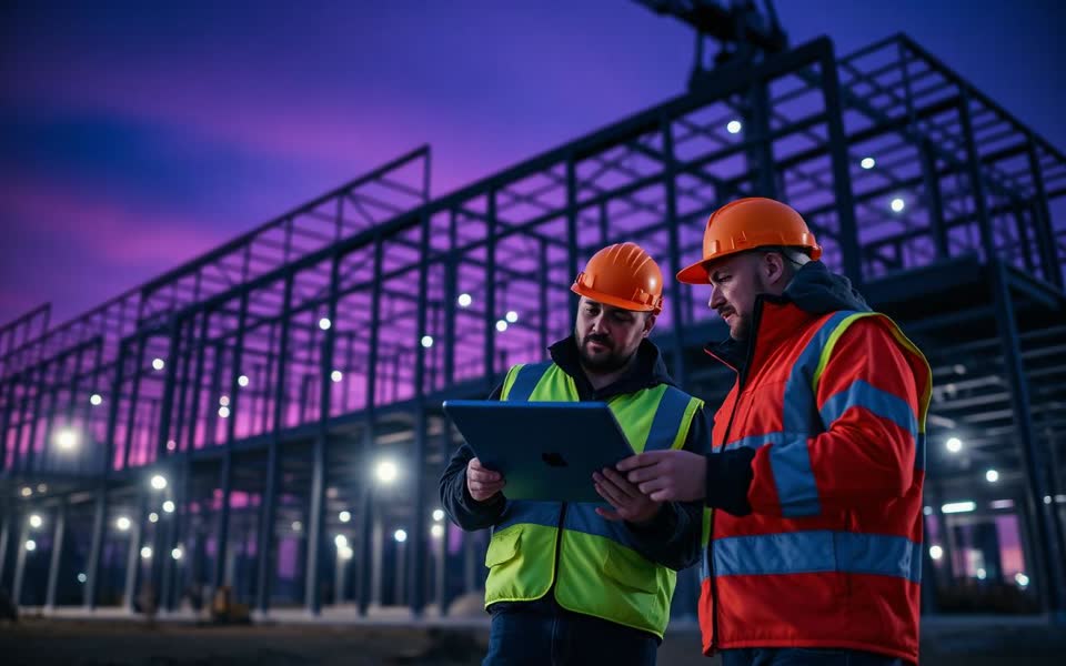 Construction business in action — a crew reviewing project plans on site at dusk