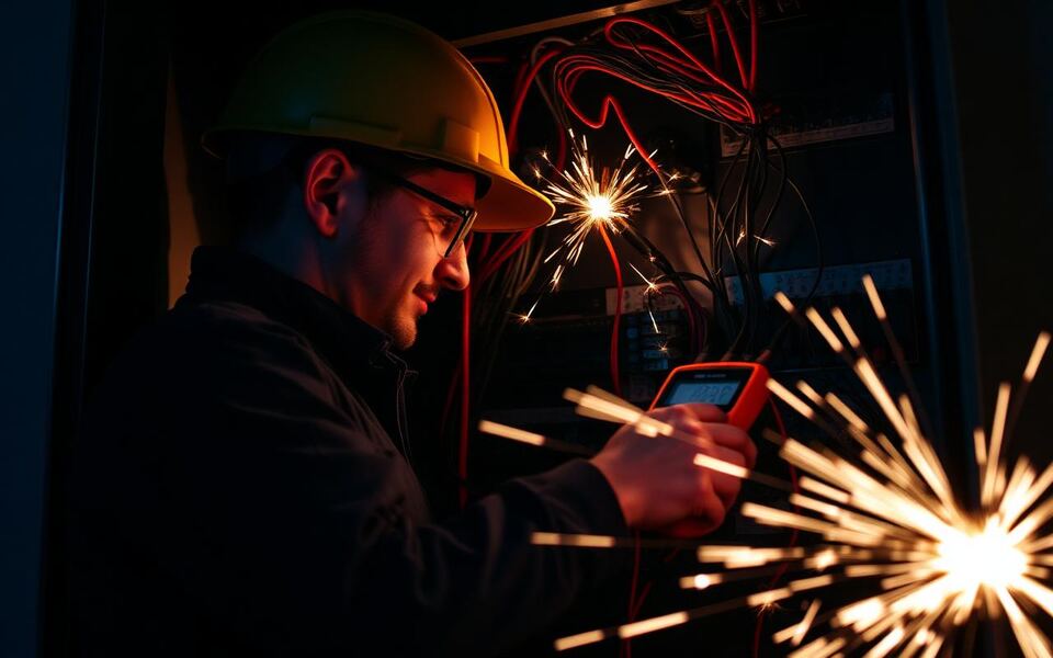 A electrical technician on a customer call-out completing a service job