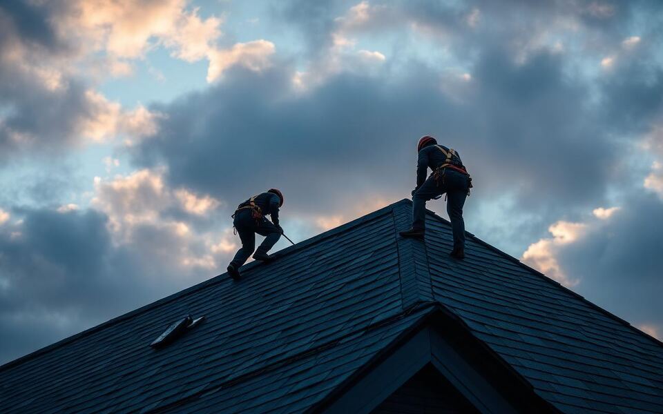 A roofing crew on an active job site coordinating the day's build