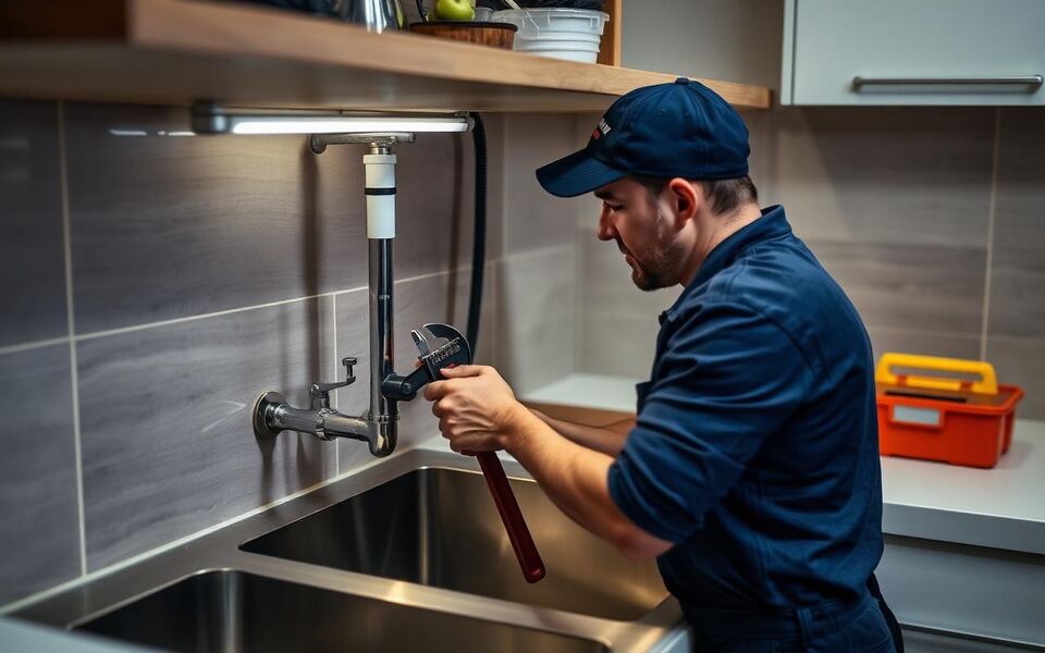 A plumbing technician on a customer call-out completing a service job