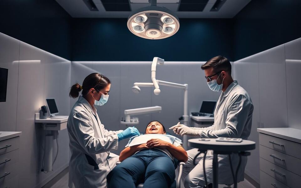 A dentist treating a patient in a bright modern dental surgery